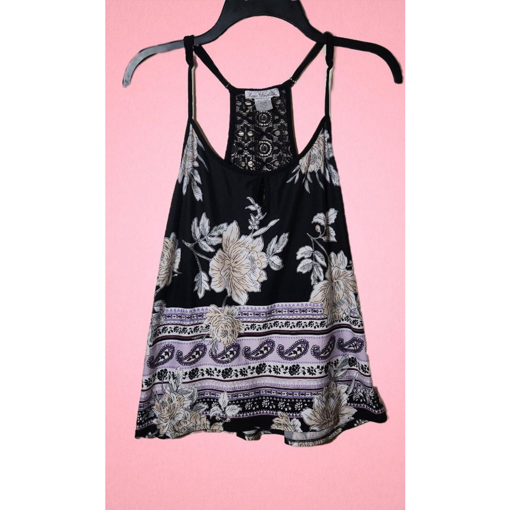 Linea Donatella Black Floral and Paisley Print Boho Tank Top- Large